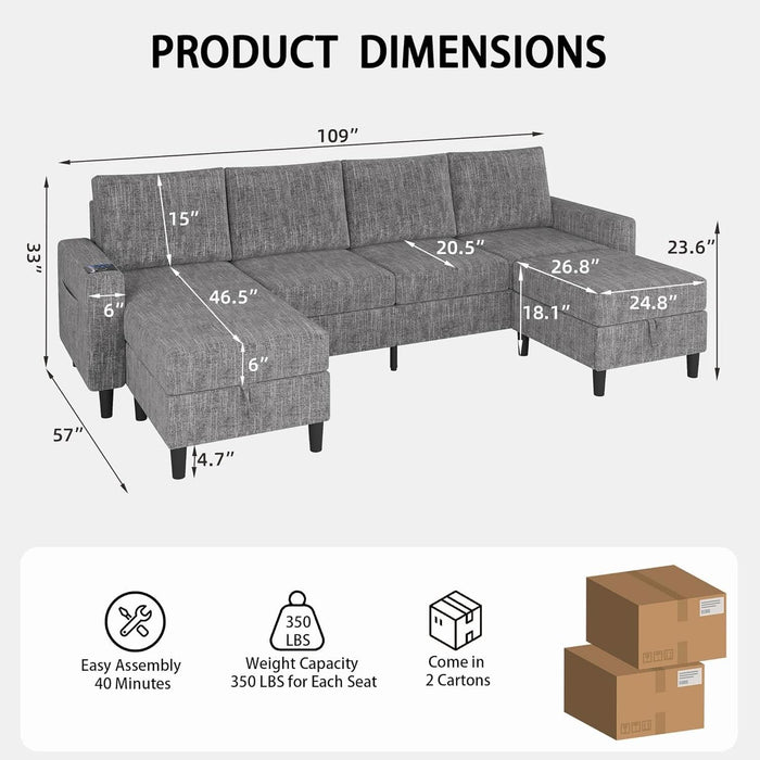 Sectional Couches for Living Room, 4 Seat Linen Sectional Sofa with Reversible Chaise Lounge/Storage Ottoman, U Shaped Couch with Smart Module-Wireless Charging/Usb/Type-C/Rgb Light (Light Grey)