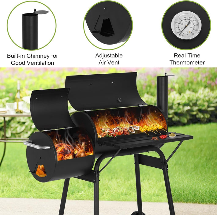 43" Charcoal Grills Outdoor BBQ Grill with Offset Smoker Camping Portable Grill Camping Barbecue Grills with Side Fire Box for 6-10 People Patio Backyard Picnic BBQ, Black