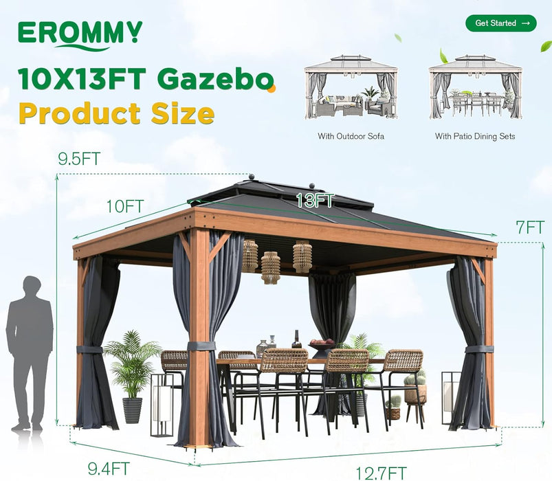 10'X13' Hardtop Gazebo Outdoor Aluminum Wood Grain Gazebos with Galvanized Steel Roof and Mosquito Net for Patios, Deck, Backyard, Curtains & Netting