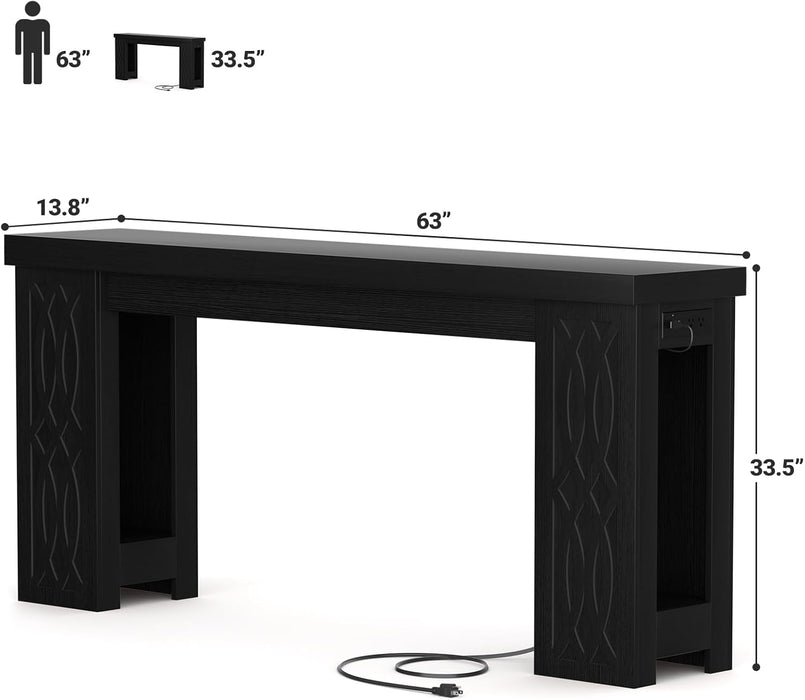63" Console Table with Outlet, Farmhouse Entryway Table with Colorful LED Lights, Wooden Sofa Table with Unique Carved Design, Foyer Accent Table for Entrance, Hallway, Living Room