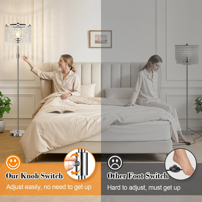 【Upgraded】 Dimmable Crystal Floor Lamps for Living Room, 1000LM LED Bulb Included, Standing Lamp with Knob Switch, Tall Silver Modern Floor Lamp for Bedroom Nursery Office Reading