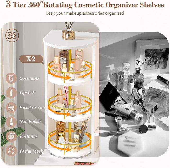 Vanity Desk with LED Mirror and 360 Rotating Makeup Organizer Shelves, White Makeup Vanity with Lights & Charging Station, Large Vanity Table with 6 Storage Drawers Bedroom Makeup Desk for Women Girls