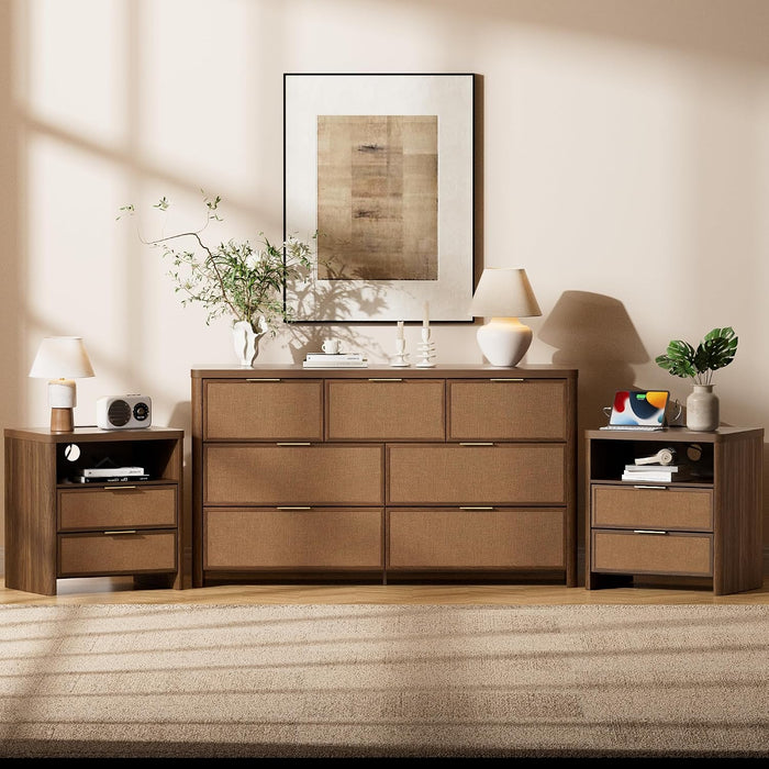 Rattan 7 Drawer Dresser for Bedroom,55" Wide,Walnut,Modern Chest of Drawers with 7 Large Storage Space and Curved Edge Design, 7 Drawer Large Dresser for Bedroom