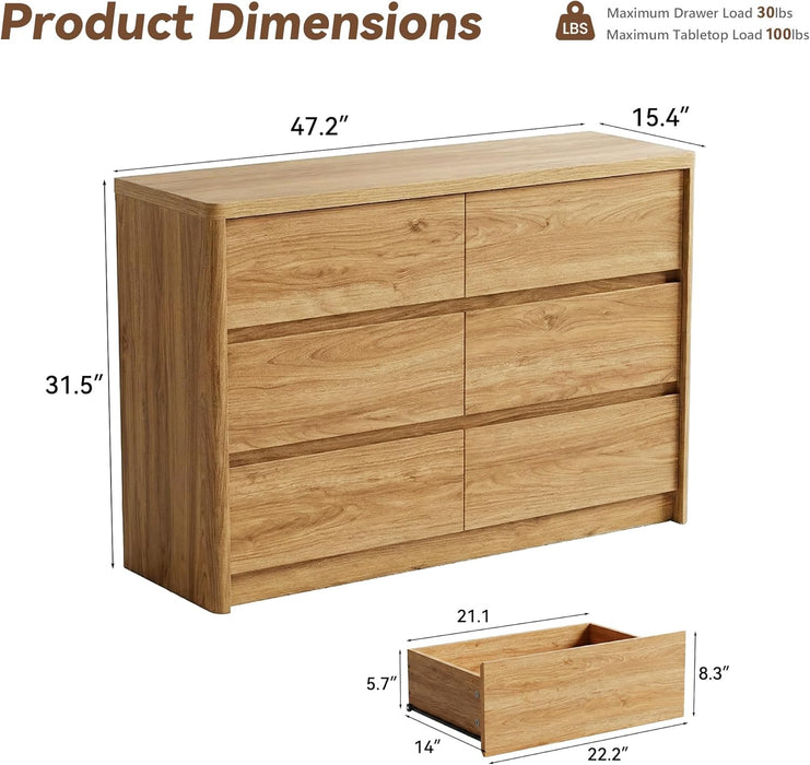 Oak Dresser for Bedroom, 47.2" Wide Mid Century Modern Chest of Drawers with 6 Large Storage Space and Curved Edge Design, 6 Drawer Large Dresser for Bedroom