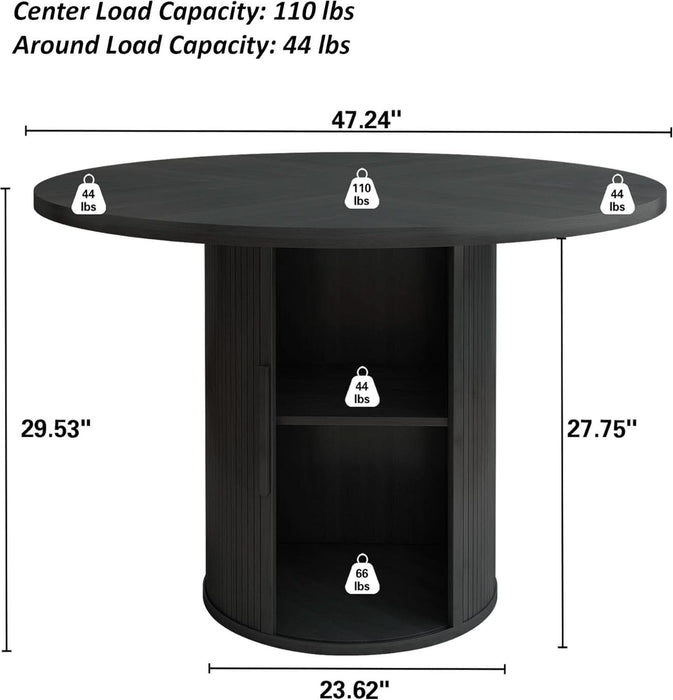 47 Inch round Dining Table for 4, Kitchen Table Dinner Table with 2-Layer Storage Shelf and Wood Slide Door for Home Dining Room Living Room (Black)