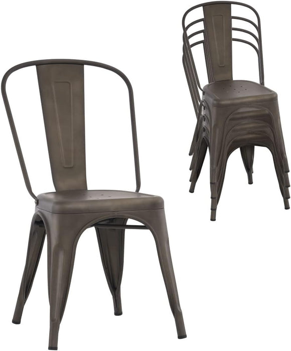 Metal Dining Chair Farmhouse Tolix Style for Kitchen Dining Room Café Restaurant Bistro Patio, 18 Inch, Stackable, Waterproof Indoor/Outdoor (Sets of 4) (Steel Seat, Bronze)