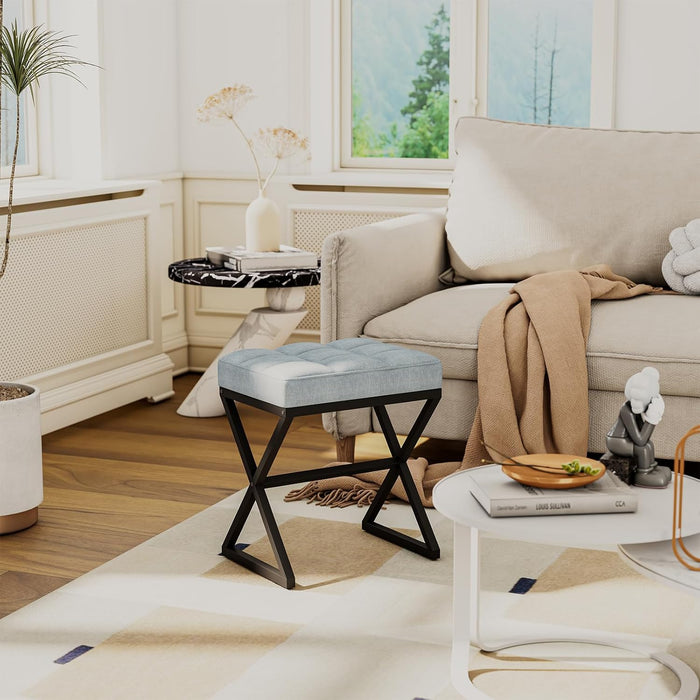 Vanity Stool, Linen Footrest Stool, Ottoman Bench with X-Shaped Metal Legs, Makeup Dressing Stool for Vanity, Living Room, Bedroom, Entryway, Hallways 15.74"D×11.81"W×18.11"H Blue Gray UHBD033L