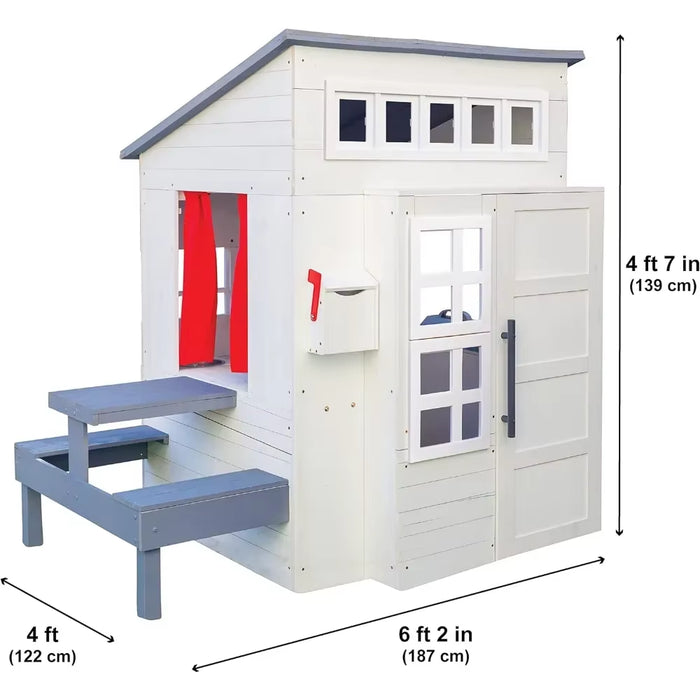 Playhouses, Modern Outdoor Wooden Playhouse with Picnic Table, Mailbox and Outdoor Grill ,Gift for Ages 3+