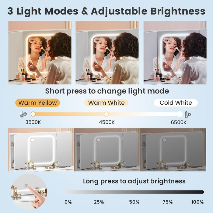 Glass Top Vanity Desk with Foldable Mirror and Lights, 11 Drawers Makeup Vanity with Charging Station, 3 Lighting Modes Dressing Table with Chair, White