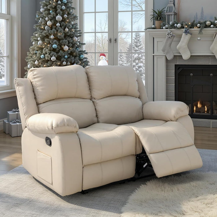 Manual Loveseat Recliner Sofa with Overstuffed Arms Leather Double Recliner Sofa with Side Pocket 2 Seat Reclining Sofa Chair for Living Room Meeting Room Bedroom Office Apartment RV