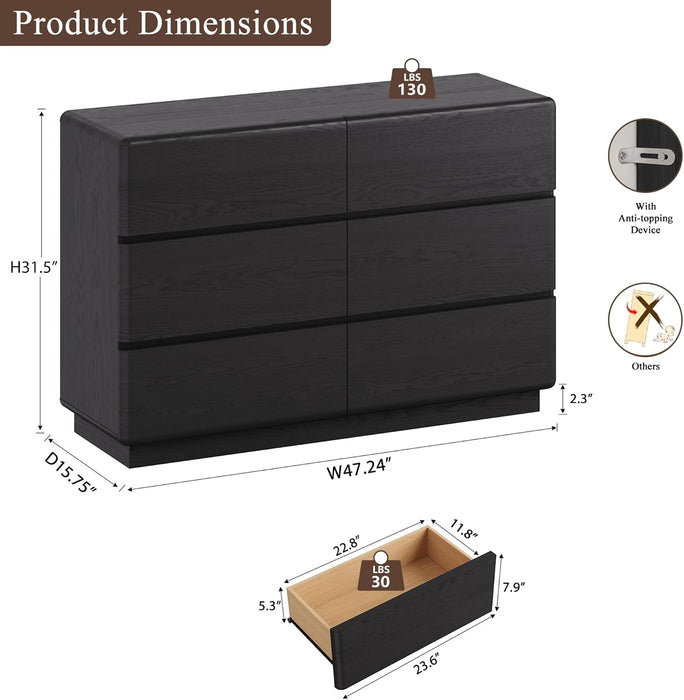 Black 6 Drawer Dresser for Bedroom, 47" W Chest of Drawers