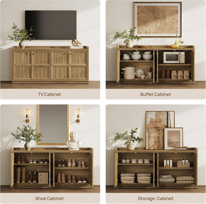 61.7" Buffet Cabinet 4-Door Sideboard Kitchen Living Room Brown Oak | Geometric Doors & Elegant Gold Handle, Slow-Close Door, 2 Separate Bays, 3-Level Adjustable Shelf, Kid & Pet Safe, 77 Lbs Top