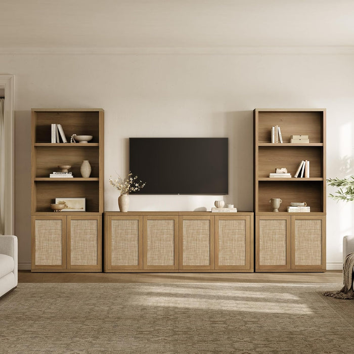 Rattan TV Stand for 65 70 Inch TV - Large Entertainment Center TV Consoles for Living Room Bedroom, Farmhouse Television Stands with Storage Cabinet Boho Modular Media Console, Amber Oak