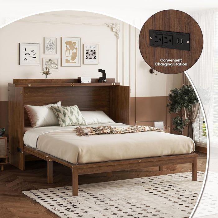 Queen Murphy Bed Chest with Charging Station & Large Drawers, Wooden Cube Cabinet Bed with Foldable Bedframe for Apartment Living Room Bedroom(Mattress Not Included) Walnut