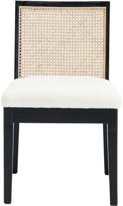 Rattan Dining Chairs Set of 4, Farmhouse Boucle Kitchen Chairs with Cane Back, Upholstered Sherpa Dining Room Chairs Comfy Side Wood Chair for Living Room/Restaurant, Black Sherpa