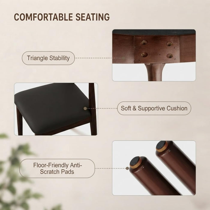 Mid-Century Modern Dining Chairs Set of 2, Upholstered Leather Seat Kitchen Chairs with Solid Wood Frame, Elegant Walnut-Colored Accent Side Chairs for Dining Room, Kitchen, Restaurant, Cafe
