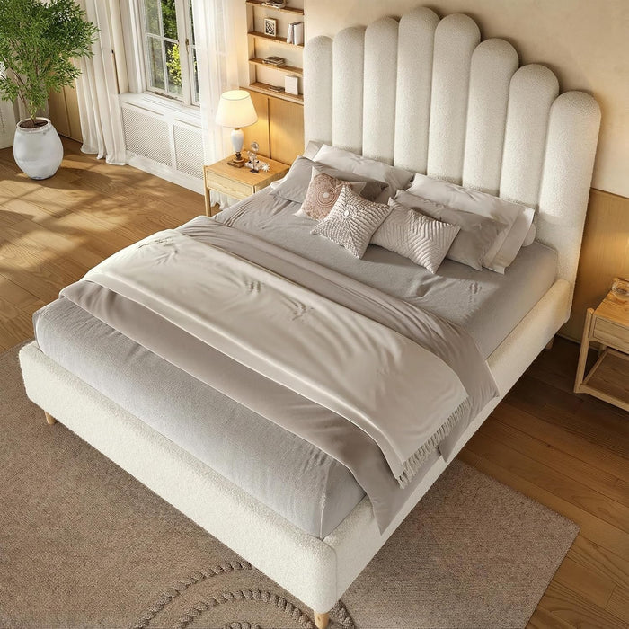 Full Size 57" Tall Boucle Bed Frame with Cloud Upholstered Headboard, Soft Bedframe with round Corners, Solid Wood Legs, No Box Spring Needed, Easy Assembly, White
