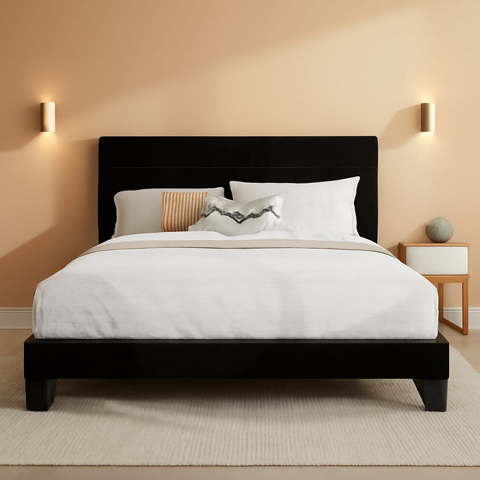 Full Platform Bed Frame with Velvet Upholstered Headboard, Mattress Foundation with Strong Wooden Slats Support, No Box Spring Needed, Black