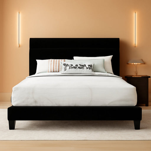 Queen Platform Bed Frame with Velvet Upholstered Headboard, Mattress Foundation with Strong Wooden Slats Support, No Box Spring Needed, Black