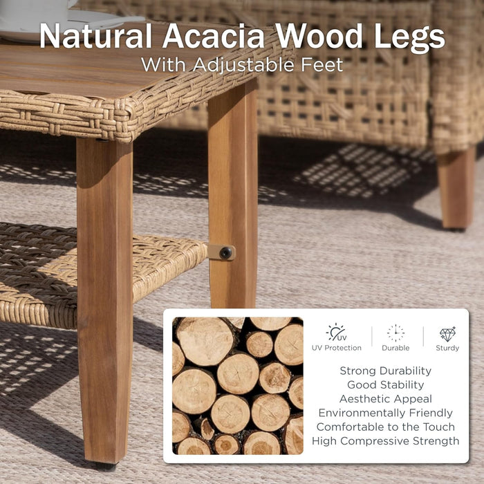 Outdoor Wicker Patio Conversation Set, Acacia Wood Patio Chaise Longue Conversation Set with Coffee Table & Cushions Garden Furniture Sets