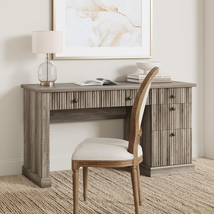 Fluted Home Office Desk Storage, 54" Modern Executive Desk with Charging Station, Wooden Computer Writing Desk with File Cabinet & Drawers for Study, Living Room, Bedroom