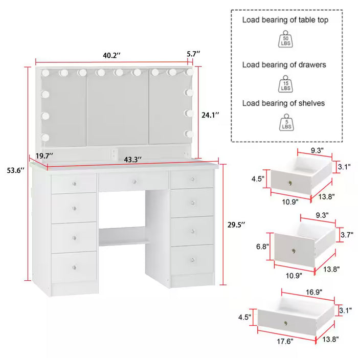 White Modern Makeup Vanity Desk 9 Drawers Wood Dressing Table with 3 Mirrors, Hidden Storage Shelves, LED Bulb Lights