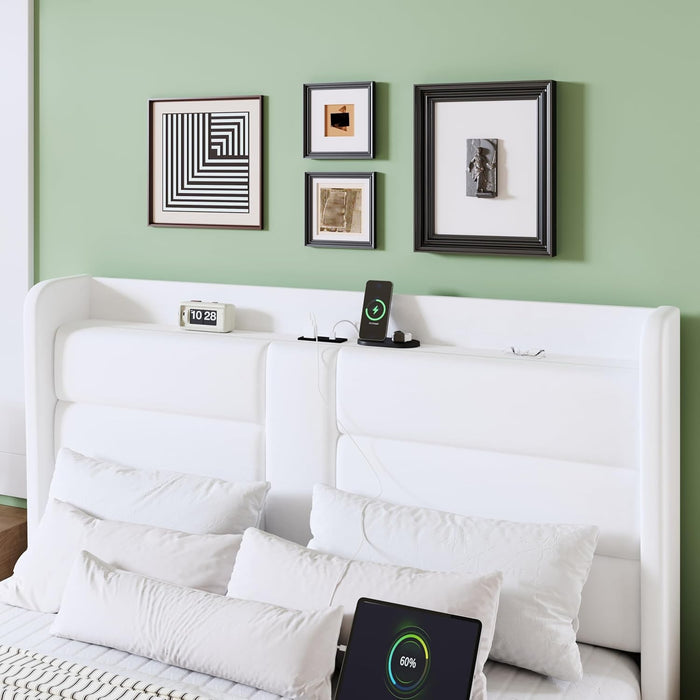 Full Size Platform Bed Frame with Charging Station & Storage Headboard, Upholstered Velvet Wingback Design & USB Port, Strong Wooden Slats Support, No Box Spring Needed, Easy Assembly, White