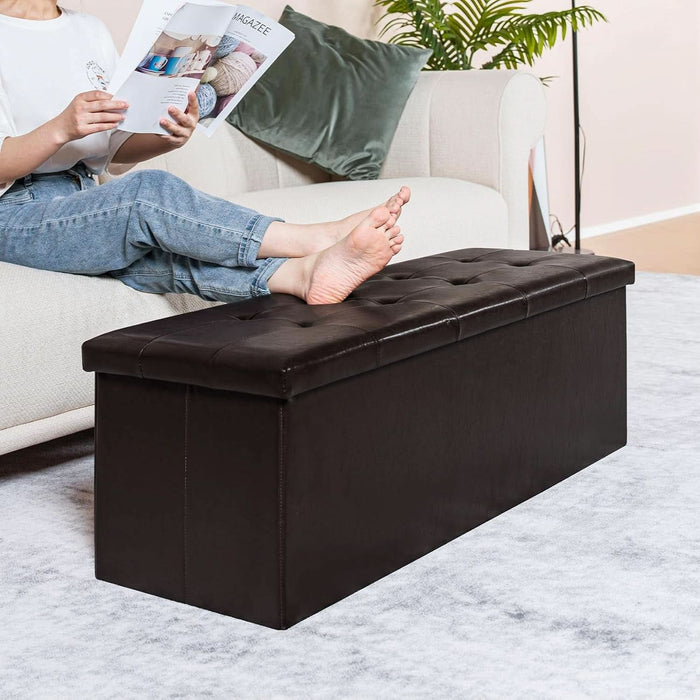 Folding Storage Ottoman Bench, Brown Faux Leather Long Storage Chest Footstool Seat, Bench for Bedroom and Hallway, 43.3"X15.7"X15.7"