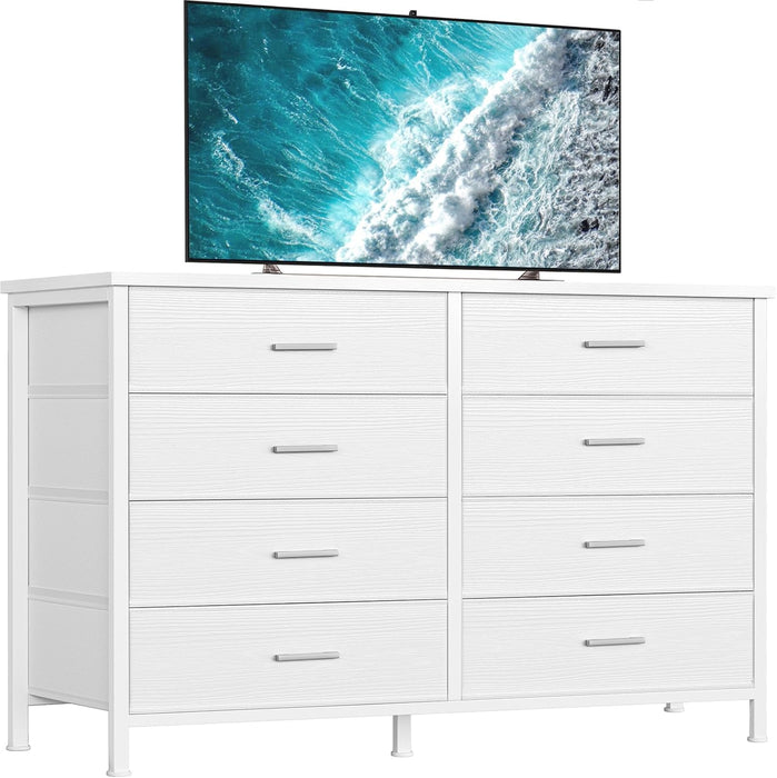 White Dresser for Bedroom 8 Drawer,Wide Dresser TV Stand for 50" TV Dressers & Chests of Drawers Fabric Dresser for Closet Modern