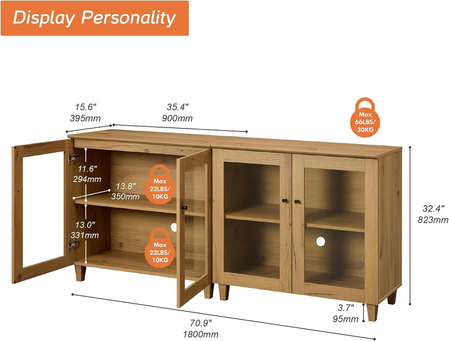 Glass Buffet Cabinet, 70.8" Modern Coffee Bar Sideboard, Oak Brown | Adjustable Shelf, Cable Management, Anti-Tip, Tempered Glass Doors, Wood Legs, Modular Storage for Dining Room Living Room