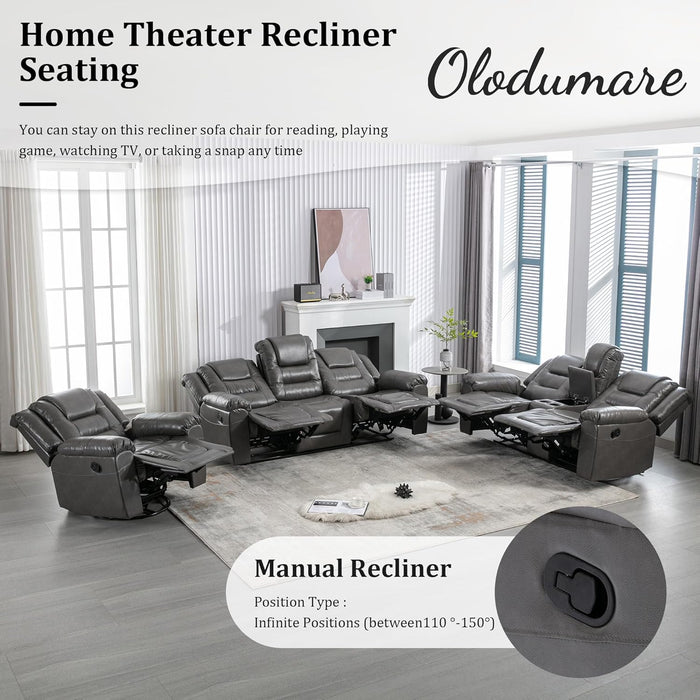 Leather Reclining Sofa Set,Home Theater Seating with Center Console,Flipped Middle Backrest,3 Seater for Living Room,Office,Home Theater,Rv (Grey)