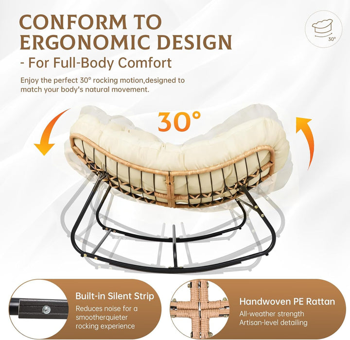 Oversized Wicker Rocking Chair Indoor Outdoor, 450 LBS Heavy Duty Patio Papasan Egg Chair with Cushion, E-Coated Frame Lounge Rocker for Balcony Porch Garden Living Room, Beige