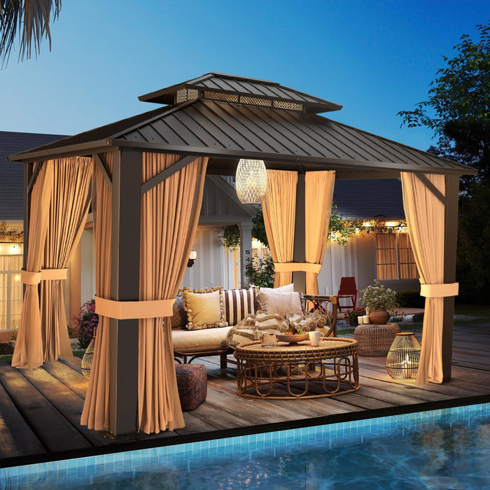 10’X12’ Hardtop Gazebo, Galvanized Steel Double Roof Canopy with Heavy-Duty Steel Frame, Outdoor Pavilion with Nettings and Curtains