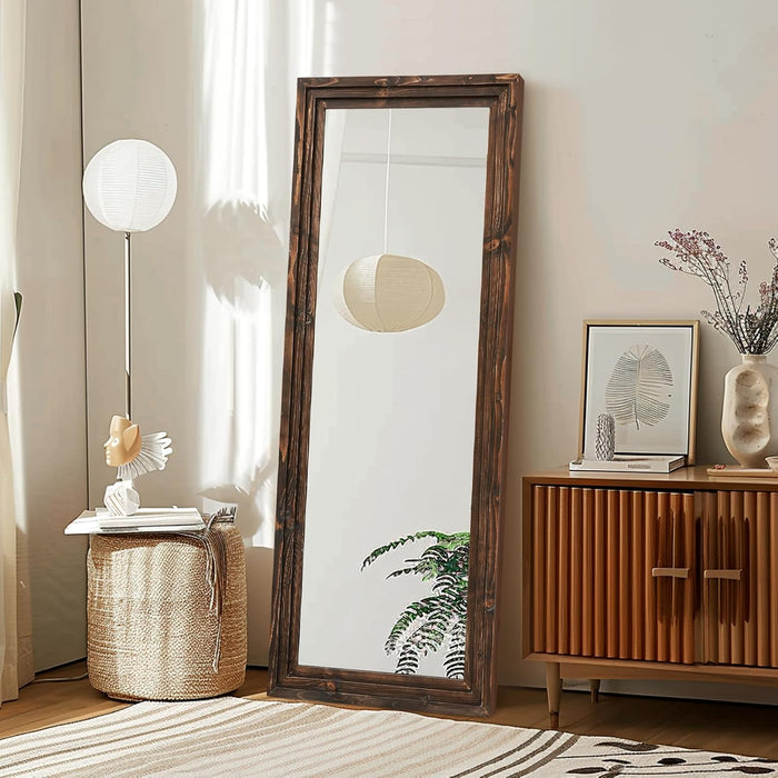 58X22In Full Length Mirror, 3-Tier Stepped Solid Wood Frame, Brown