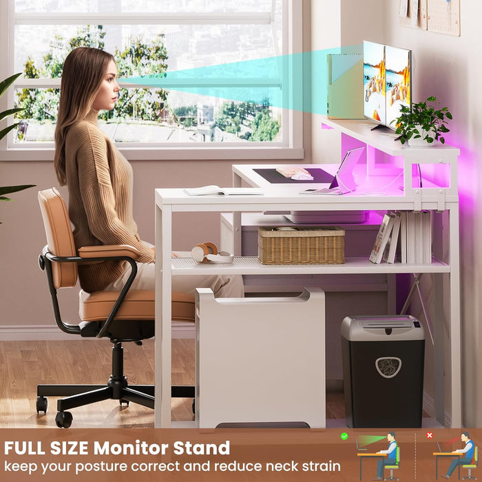 L Shaped Desk with File Drawer, Reversible L Shaped Computer Desk Gaming Desk with Power Outlet & LED Strip, Home Office Desk with Monitor Shelf, Corner Desk with Storage Shelves, White