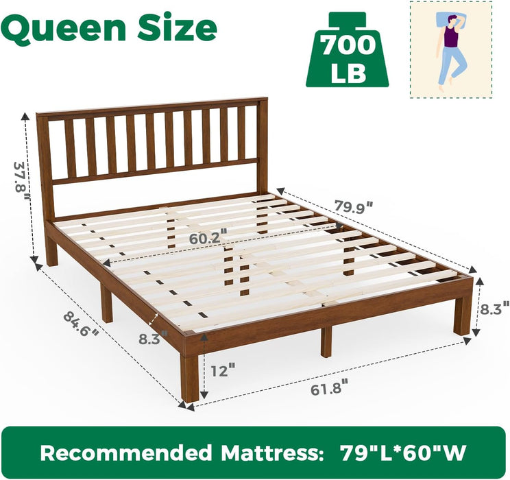 Solid Wood Queen Size Bed Frame with Headboard, Malaysian Oak Platform Bed Frame, Mid Century Modern Bedframe, No Box Spring Needed, Easy Assembly, Queen, Antique Espresso