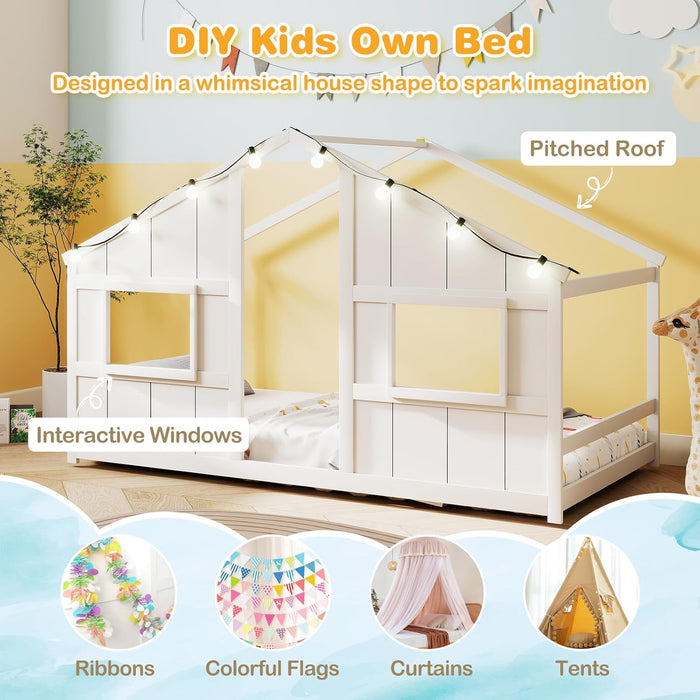 Twin Floor Bed LowProfile SolidWood LEDLights White