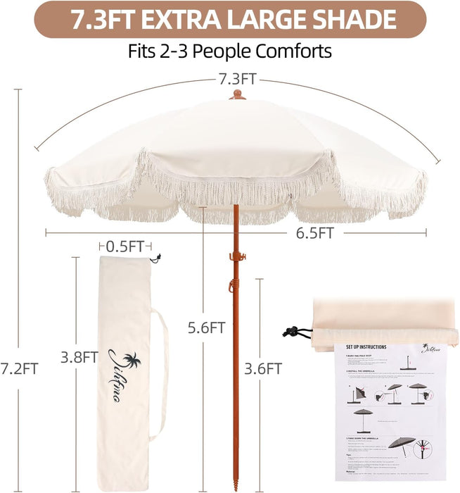 7.3Ft Cream/White Boho Fringe Beach Umbrella, 8Mm Ribs, Sand Anchor