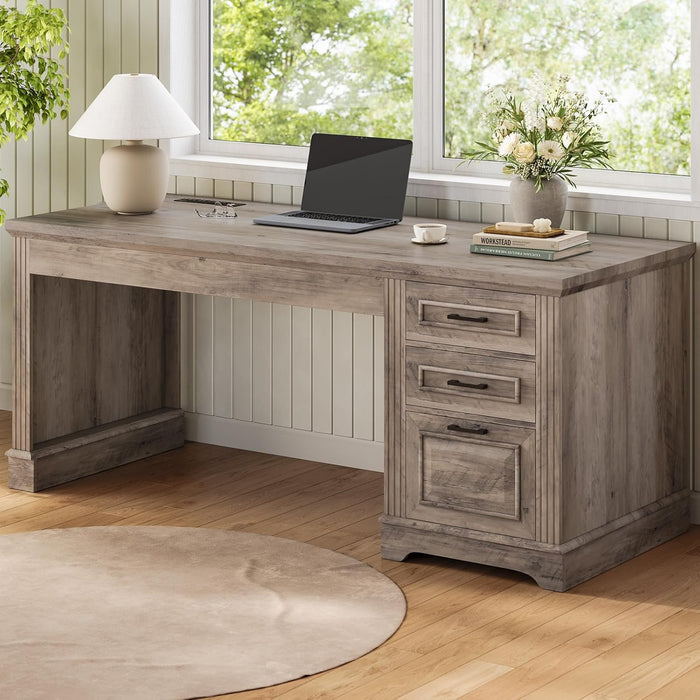 Farmhouse 55" Executive Desk, Computer Desk with Storage Drawers and Power Outlet, Home Office Desk, Workstation for Office Home, Grey
