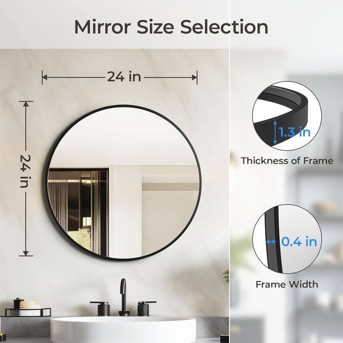Black round Mirror for over Sink 24-Inch, Circle Bathroom Mirror, Metal Frame Vanity Mirror, Modern Wall Mirror for Entryway Living Room