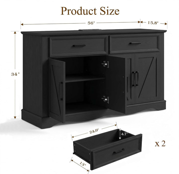 56" Farmhouse Black Buffet Cabinet with Charging Station