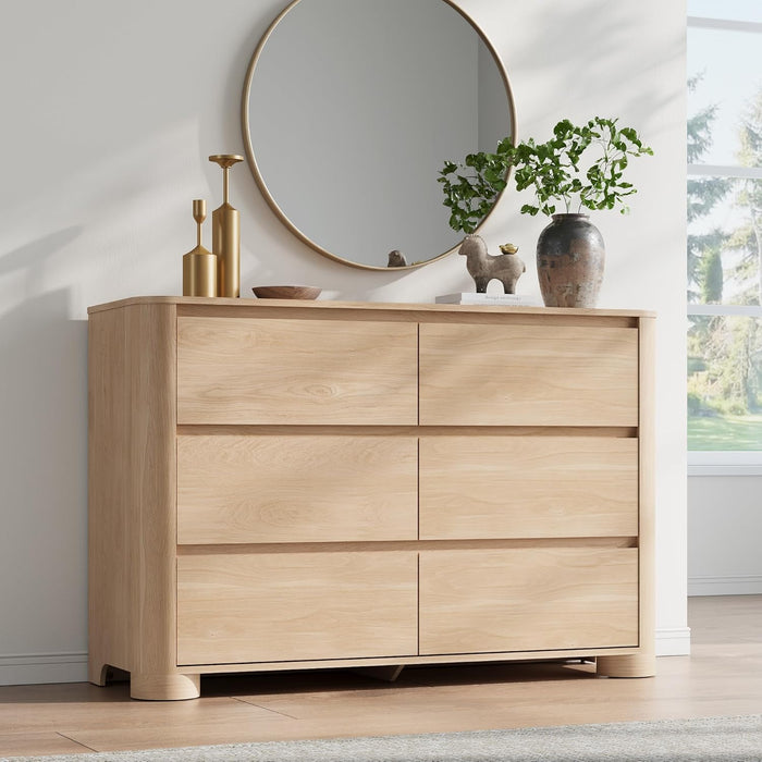 Dresser for Bedroom with 6 Drawers, 47" W Modern Chest of Drawers with Unique Thickened Foot, Rounded Corner Design, Wooden Dresser Organizer for Bedroom, Living Room, Hallway, Natural Oak