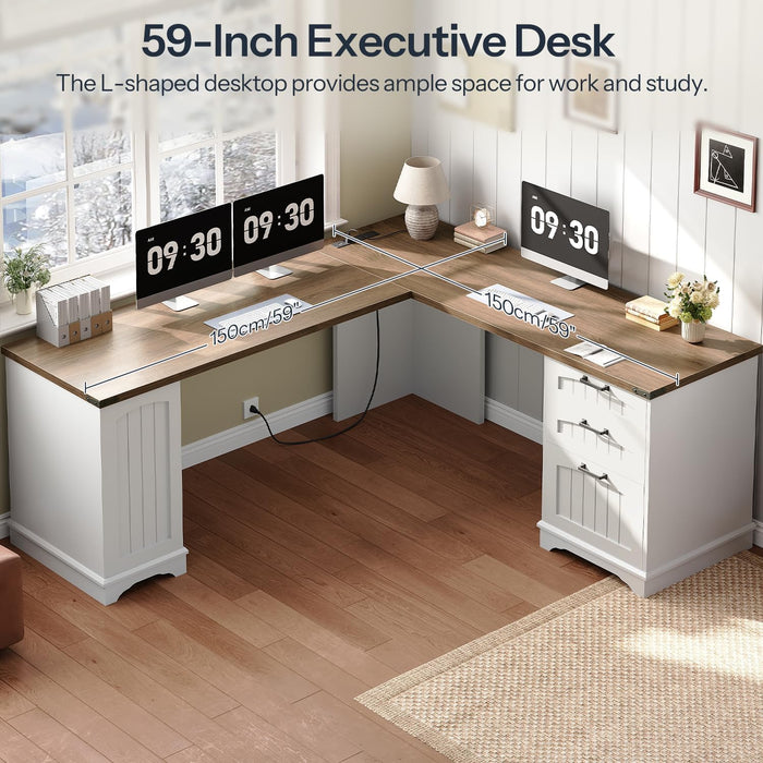 Farmhouse L Shaped Computer Desk, Computer Desk with Power Outlets, 59" Corner Office Desk with Filing Cabinet & Adjustable Shelves, for Home Office, Study, White and Walnut WH150UDN01