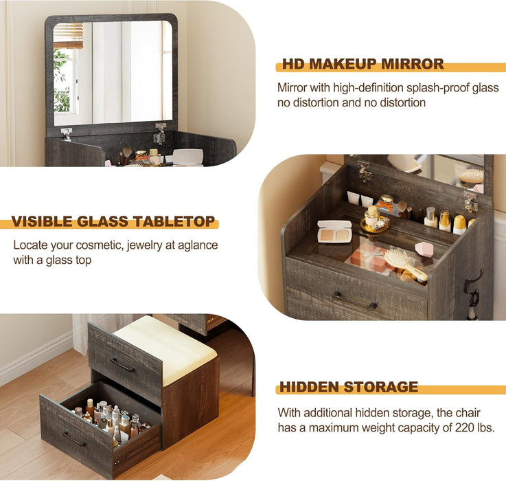 Small 3-In-1 Vanity Desk with Mirror, Compact Makeup Table W/Cushioned Stool, Modern Grils' Dressing Table Vanity Set for Bedroom (Dark Rustic Oak)