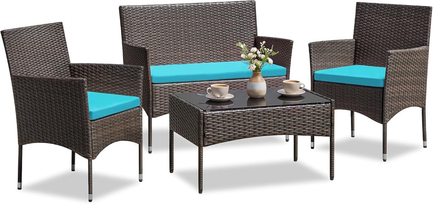 4 Pieces Patio Furniture Conversation Sets,Brown and Blue