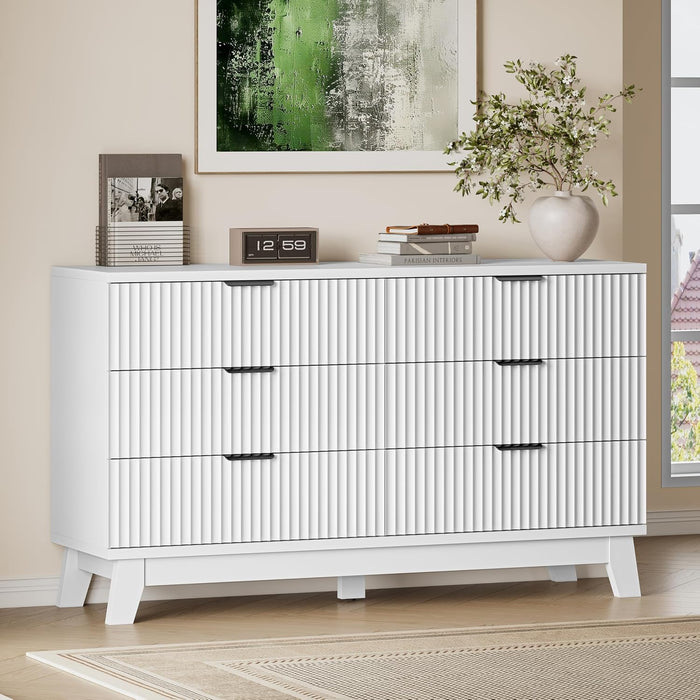 53" Long Dresser for Bedroom, 6-Drawer Dresser with Fluted Fronts, Wide Wood Chest of Drawers, Smooth Metal Slides, Stable Base, Modern Clothes Storage Cabinet for Living Room, Hallway