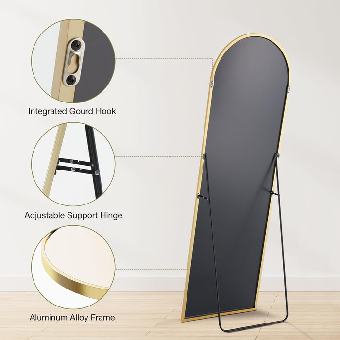 64"X21" Arched Full Length Mirror, Leaning or Standing Full Body Mirror with Aluminum Alloy Thin Frame, Suitable for Bedroom or Cloakroom,Gold
