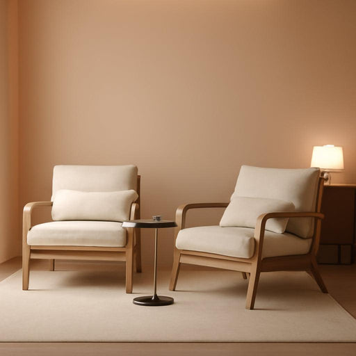 Chenille Mid-Century Modern Accent Chair Set of 2, Cute Reading Arm Chair with Cushion & Lumbar Pillow & Solid Wood Frame for Lounge, Living Room, Reading Room, Bedroom,Cream