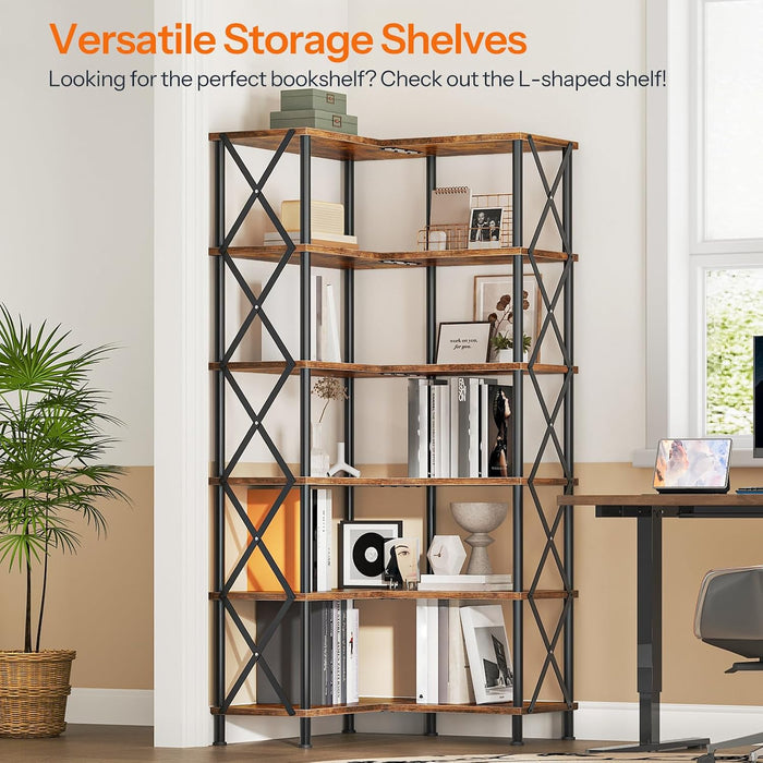 Corner Bookshelf, 6-Tier L-Shaped Bookcase, Industrial Open Display Shelf Tall Storage Organizer, Vertical Storage Rack, for Living Room, Home Office, Rustic Brown and Black BF61SJ01