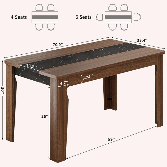 Farmhouse 71" Long Dining Table for 6-8 People, Marble Texture Finish Kitchen Table with Sturdy Wooden Frame, Rectangle Dining Table for Dining Room, Kitchen, Brown